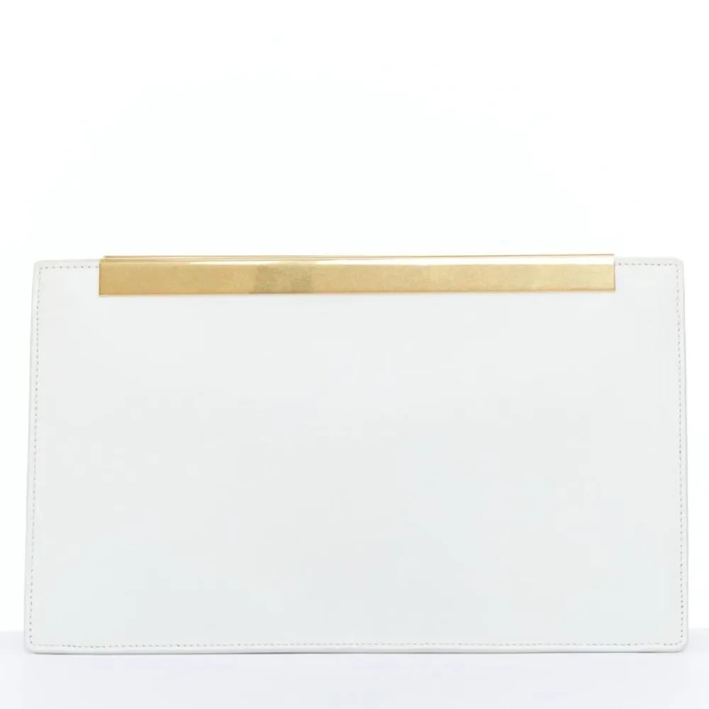 Saint Laurent Lutetia Gold Bar White Leather Clutch Bag